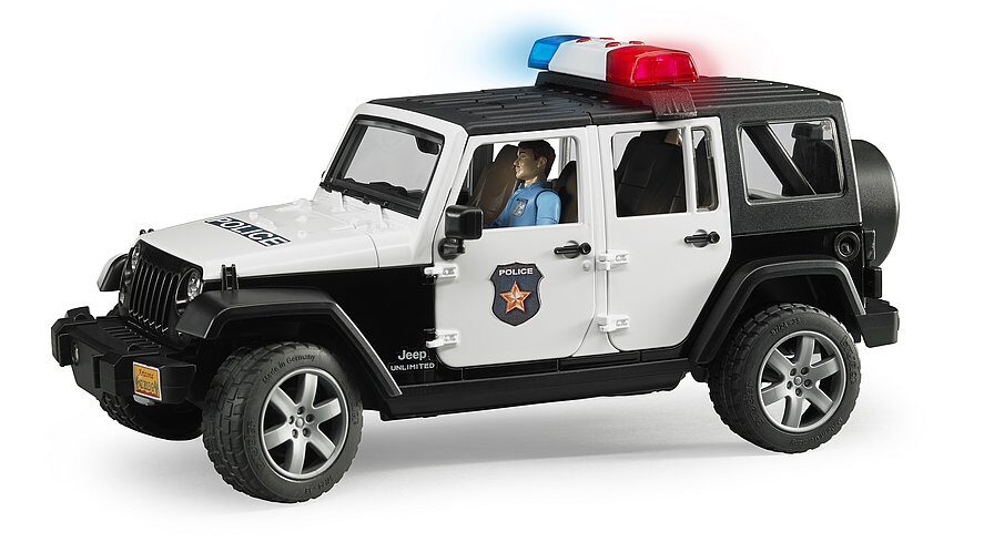 Jeep Wrangler Unlimited Rubicon Police transportlīdzeklis ar policistu un piederumiem BRUDER (02526)