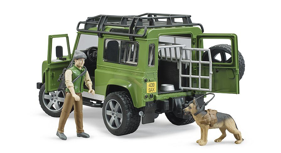 Land Rover Defender ar mežsargu un suni BRUDER (02587)